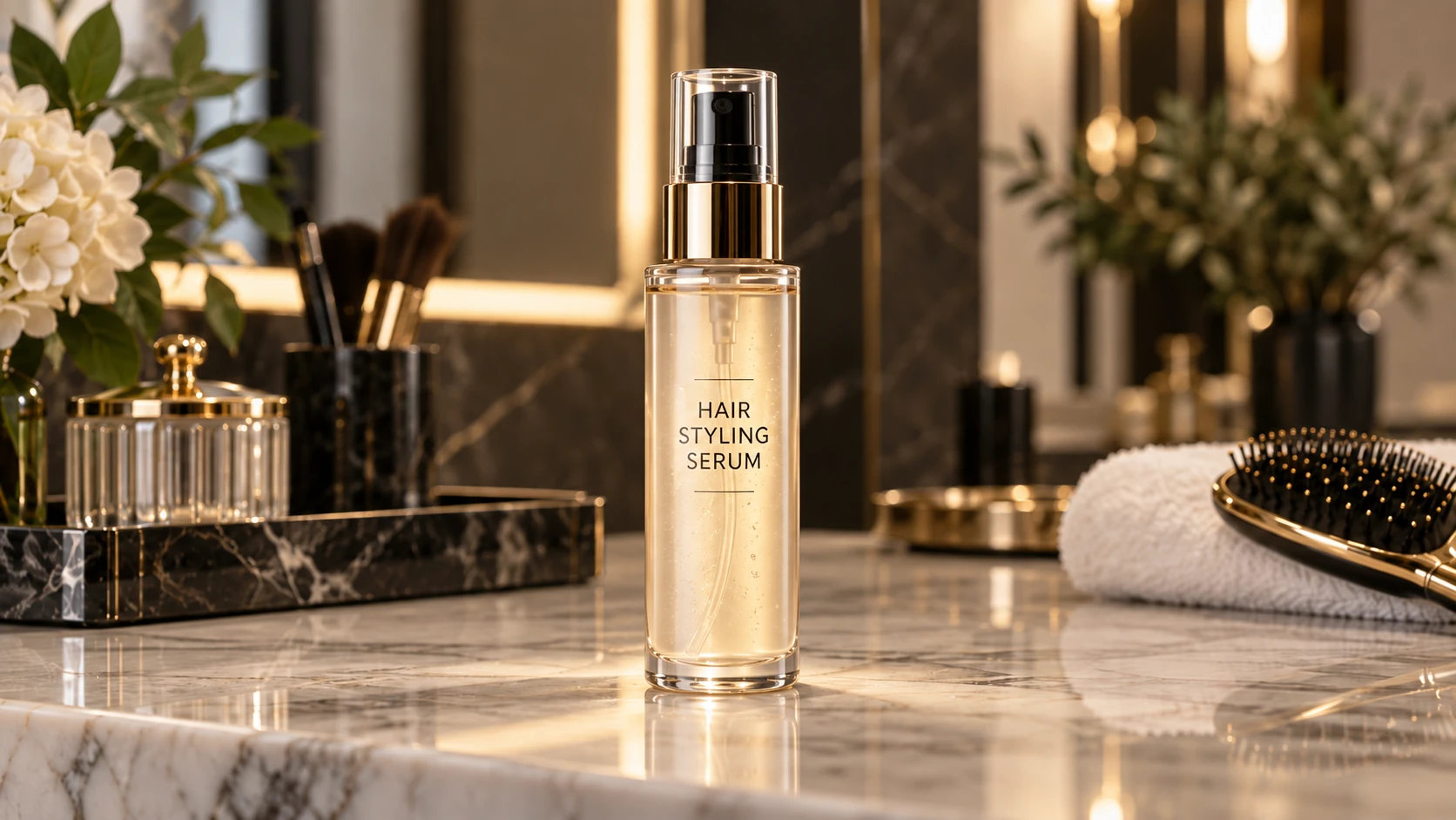 Hair styling serum bottle for smoothness, frizz control and shine on a premium marble vanity
