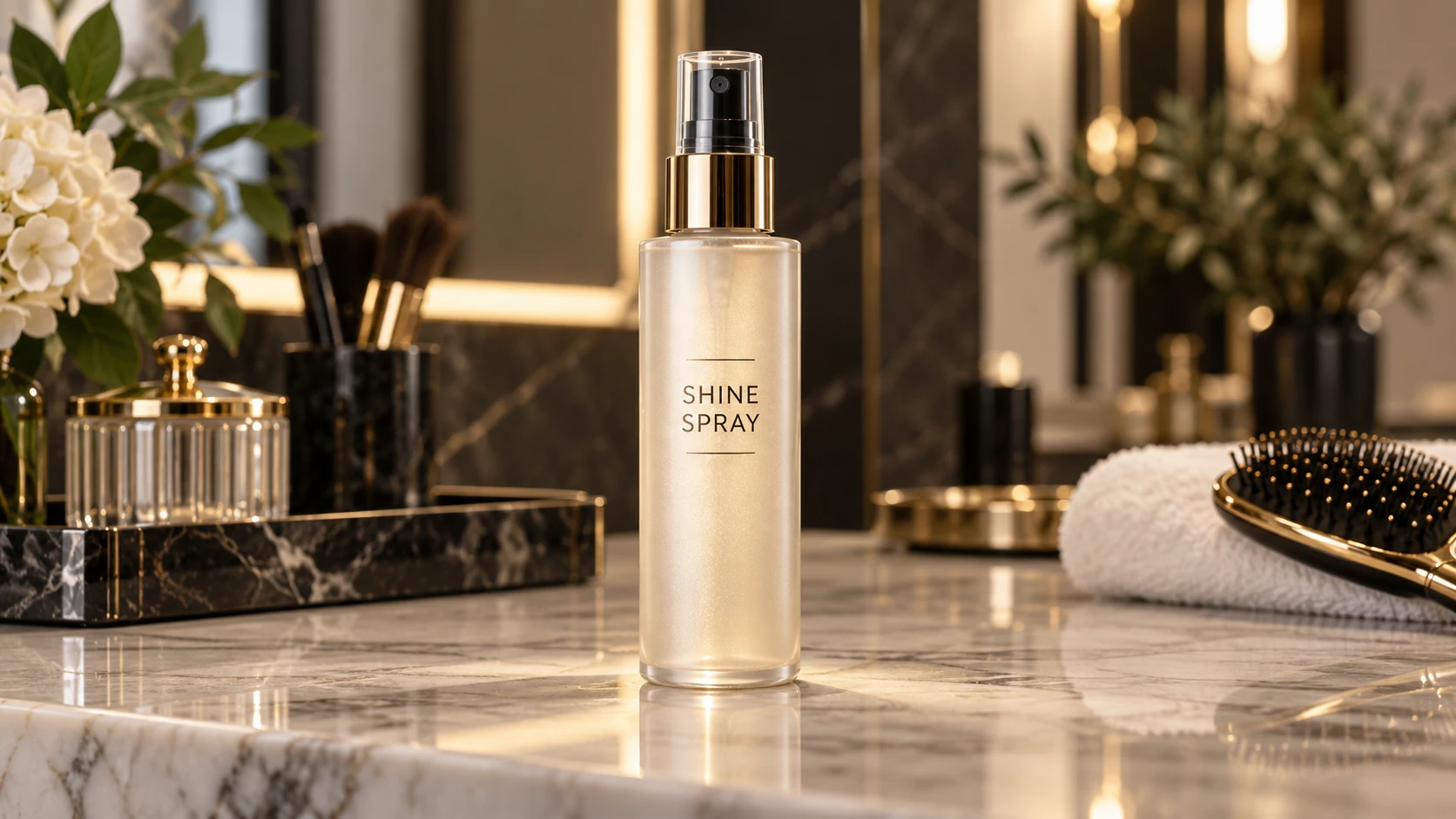 Shine spray bottle for glossy hair finish and smooth styling on a premium marble vanity