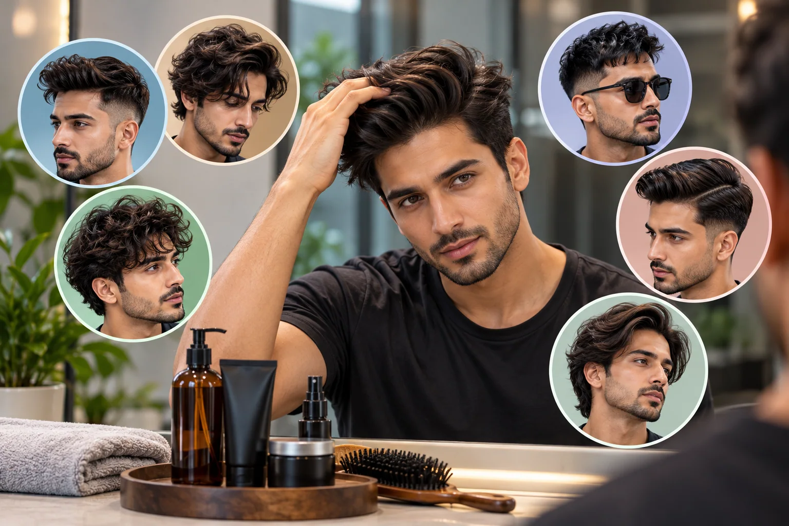 Four men’s hairstyles photographed to show matte, natural, low-shine and high-shine finishes side by side
