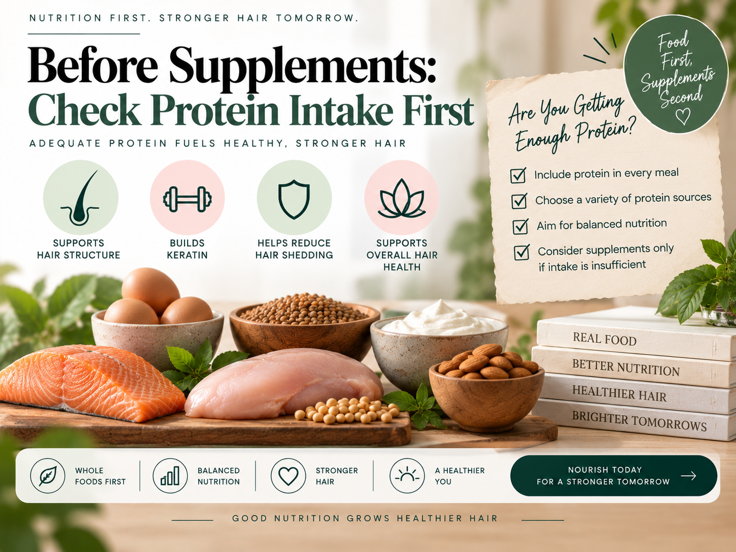 Before Supplements: Check Protein Intake First Educational infographic showing protein-rich foods and a checklist for assessing dietary protein intake before considering hair supplements.