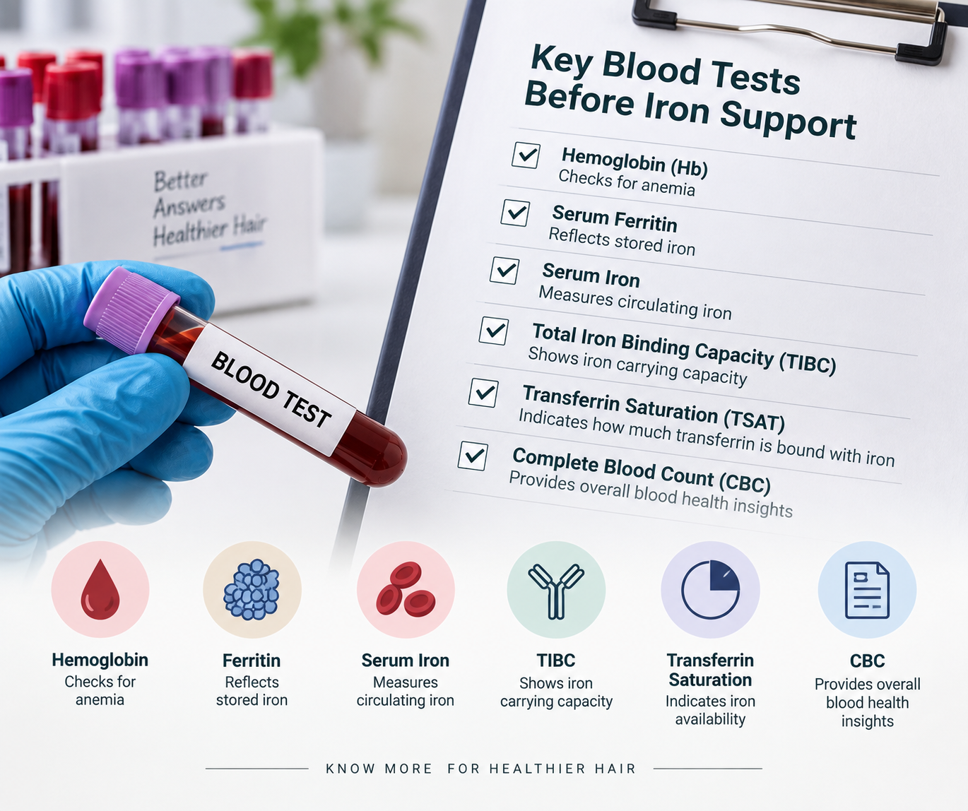 Blood Tests Often Discussed Before Iron Support Blood tests often discussed before starting iron support, including ferritin, hemoglobin, serum iron, TIBC, transferrin saturation, and CBC.