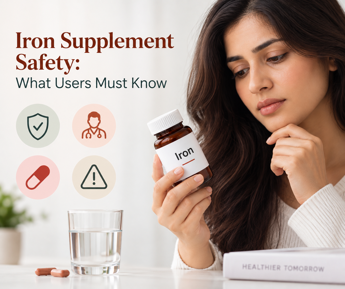 Iron Supplement Safety: What Users Must Know Woman reviewing an iron supplement bottle with safety and caution symbols.