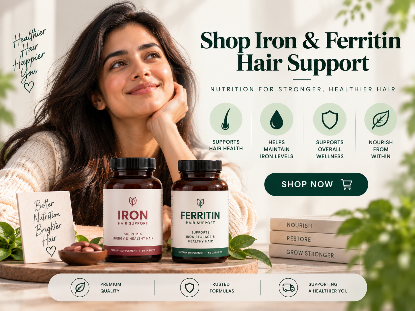 Shop Iron & Ferritin Hair Support Female model alongside Iron and Ferritin hair nutrition support supplement bottles in a clean wellness and e-commerce setting.