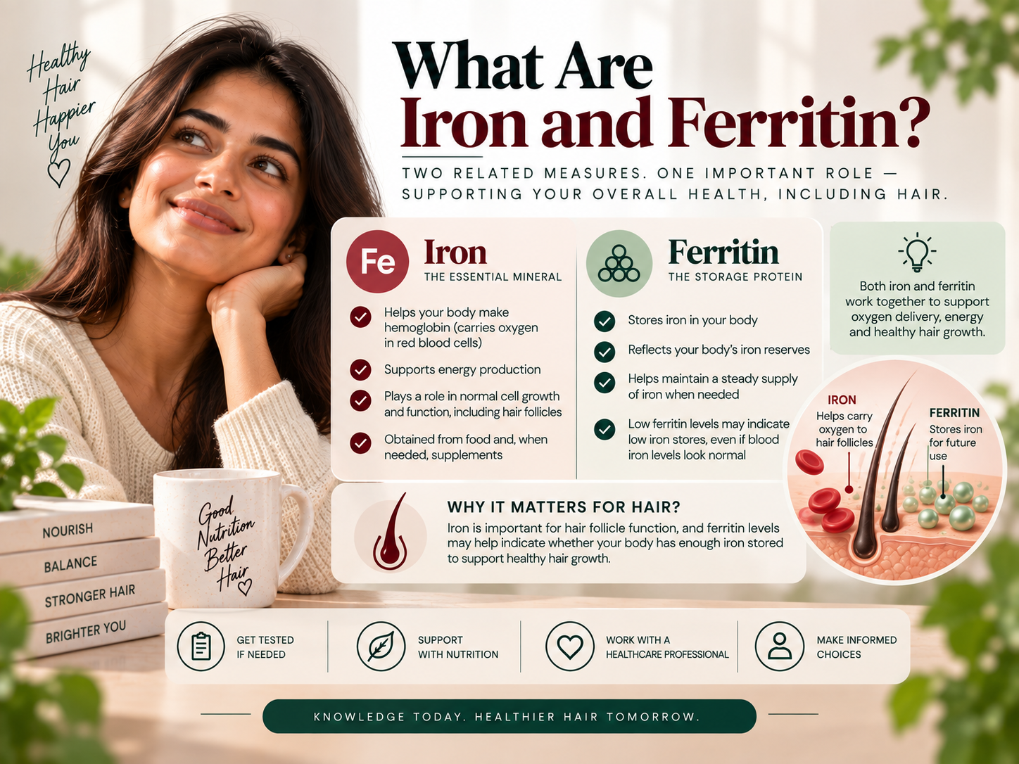 What Are Iron and Ferritin? Female model featured in an educational visual explaining iron and ferritin, with red blood cell, iron storage, and hair follicle illustrations.