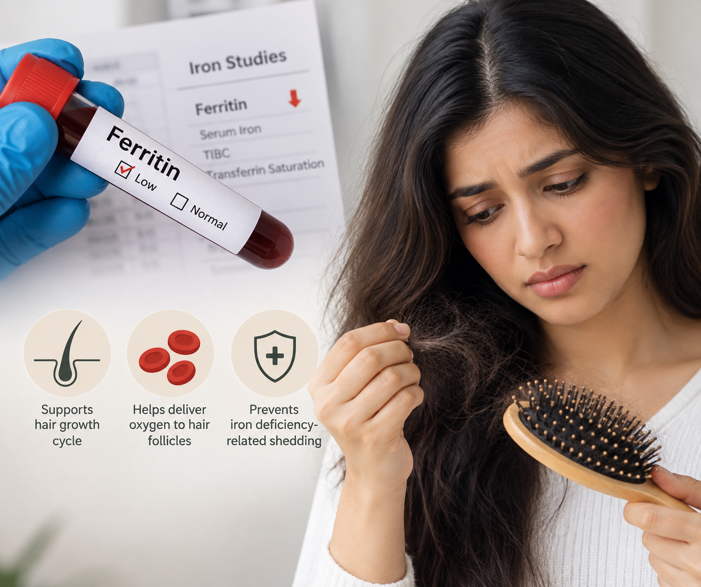 Why Ferritin Matters in Diffuse Hair Shedding Woman experiencing diffuse hair shedding with a low ferritin blood test