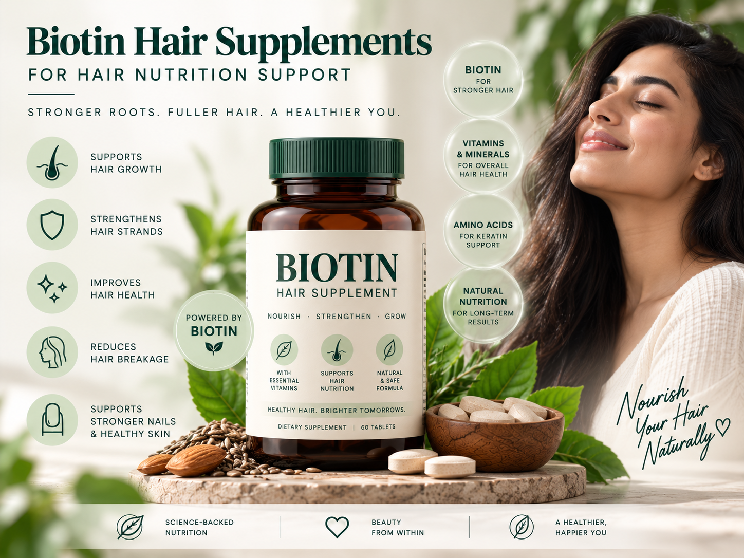 Biotin Hair Supplements for Hair Nutrition Support Biotin hair supplement bottle with tablets and natural ingredients, highlighting nutritional support for healthy-looking hair, stronger hair strands, and reduced breakage.