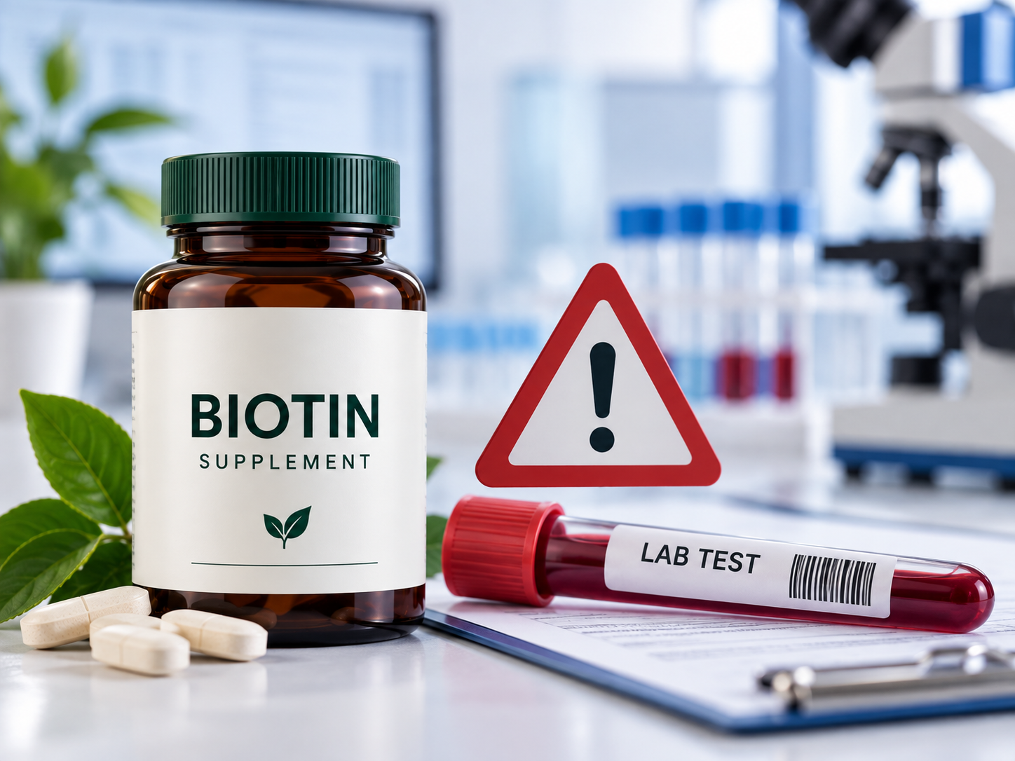 Biotin Safety: Important Lab-Test Warning Biotin supplement bottle beside a lab test tube and warning symbol, highlighting the importance of informing healthcare providers about biotin use before certain laboratory tests.