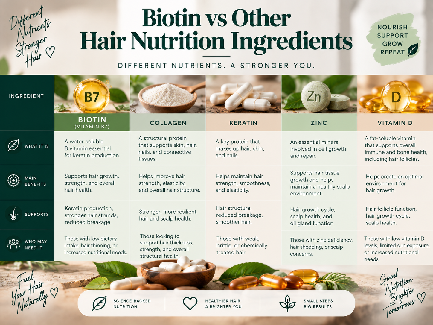 Biotin vs Other Hair Nutrition Ingredients Informative comparison chart showing biotin alongside other hair nutrition ingredients, including collagen, keratin, zinc, and vitamin D.