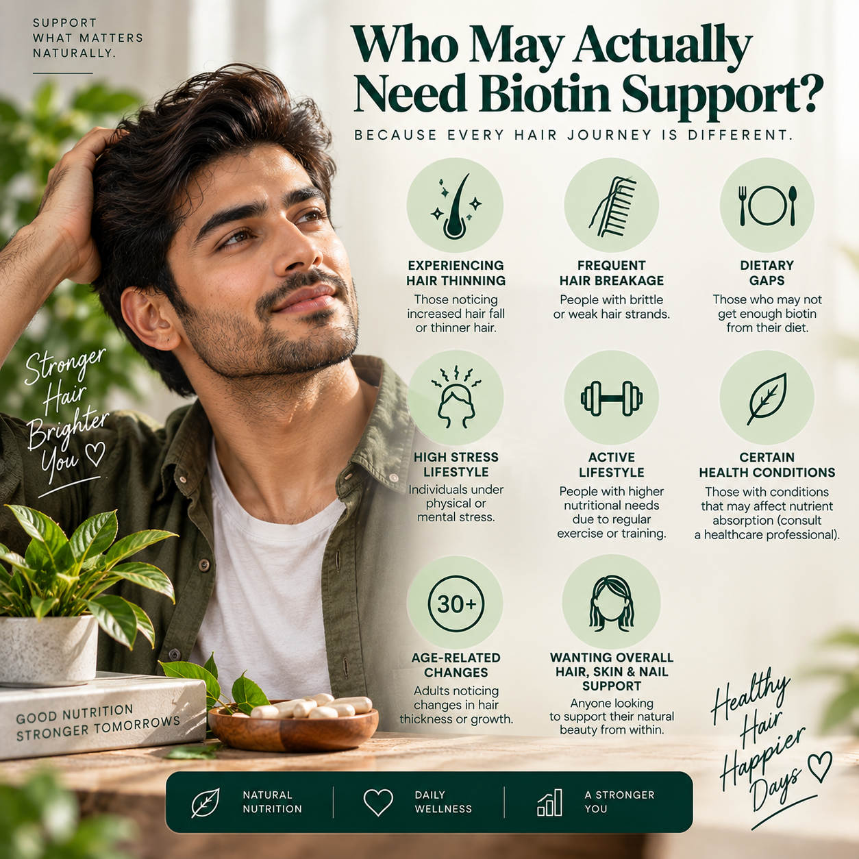 Who May Need Biotin Support? Male model featured in an informative biotin support guide highlighting factors such as dietary gaps, hair thinning, frequent breakage, and increased nutritional needs.