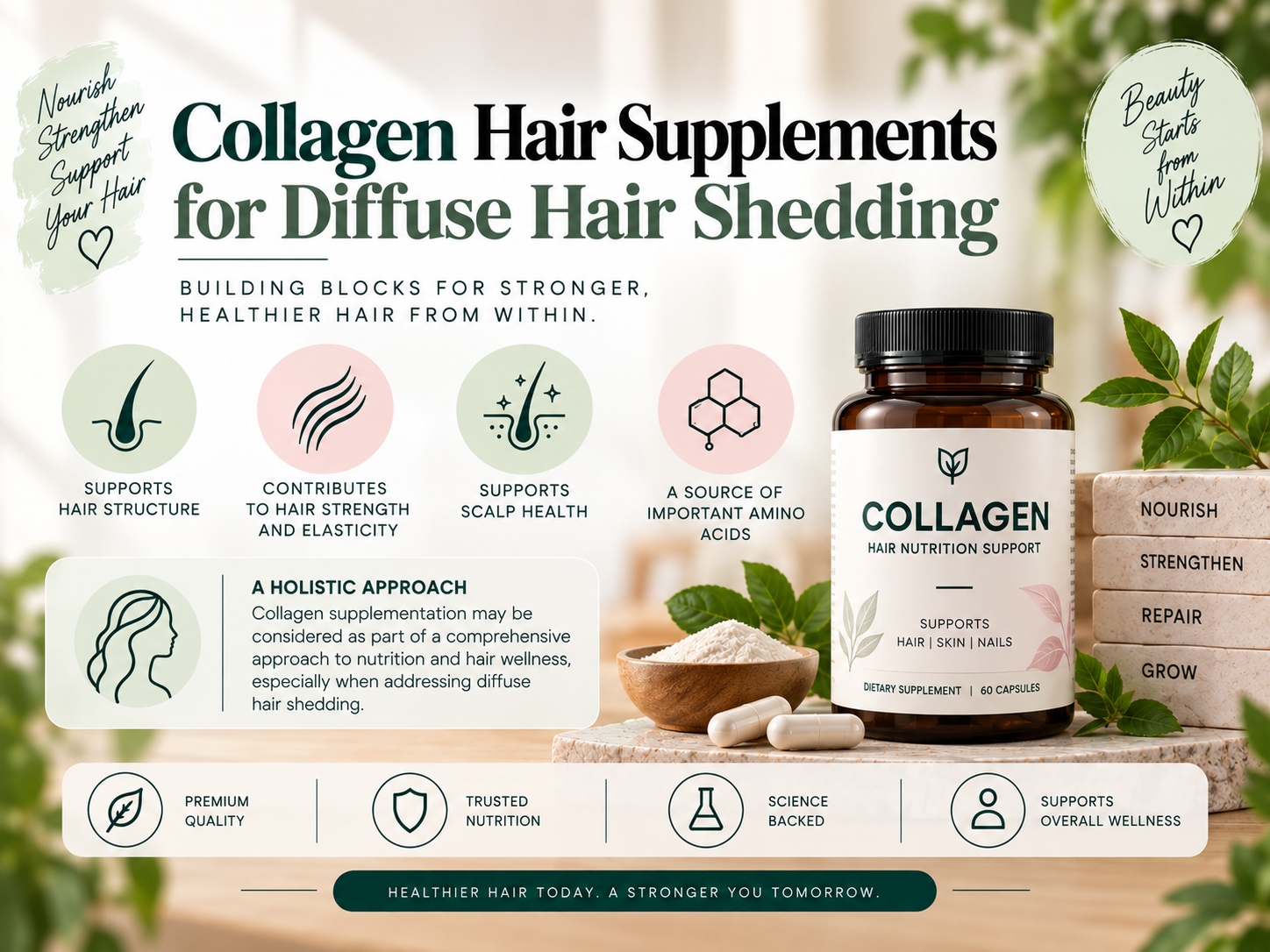Collagen Hair Supplements for Diffuse Hair Shedding Collagen supplement bottle with capsules and powder in a natural wellness setting, representing nutritional support for hair structure and diffuse hair shedding.