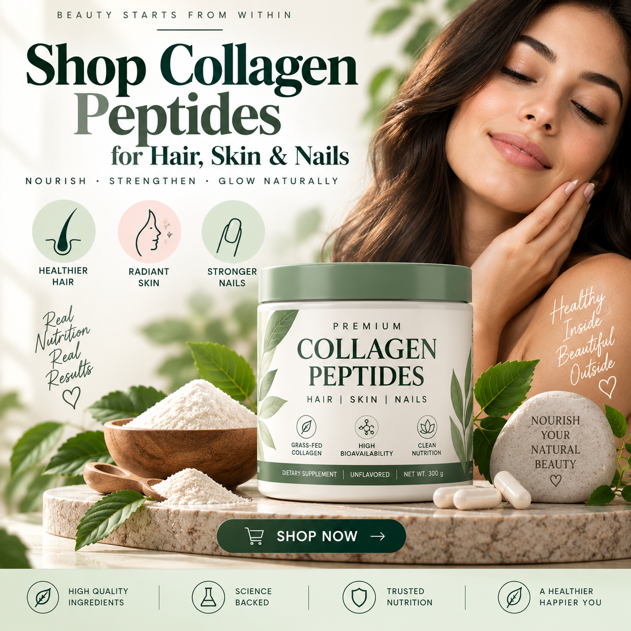 Shop Collagen Peptides for Hair, Skin & Nails Premium collagen peptides supplement with powder and capsules, representing nutritional support for healthy hair, skin, and nails.
