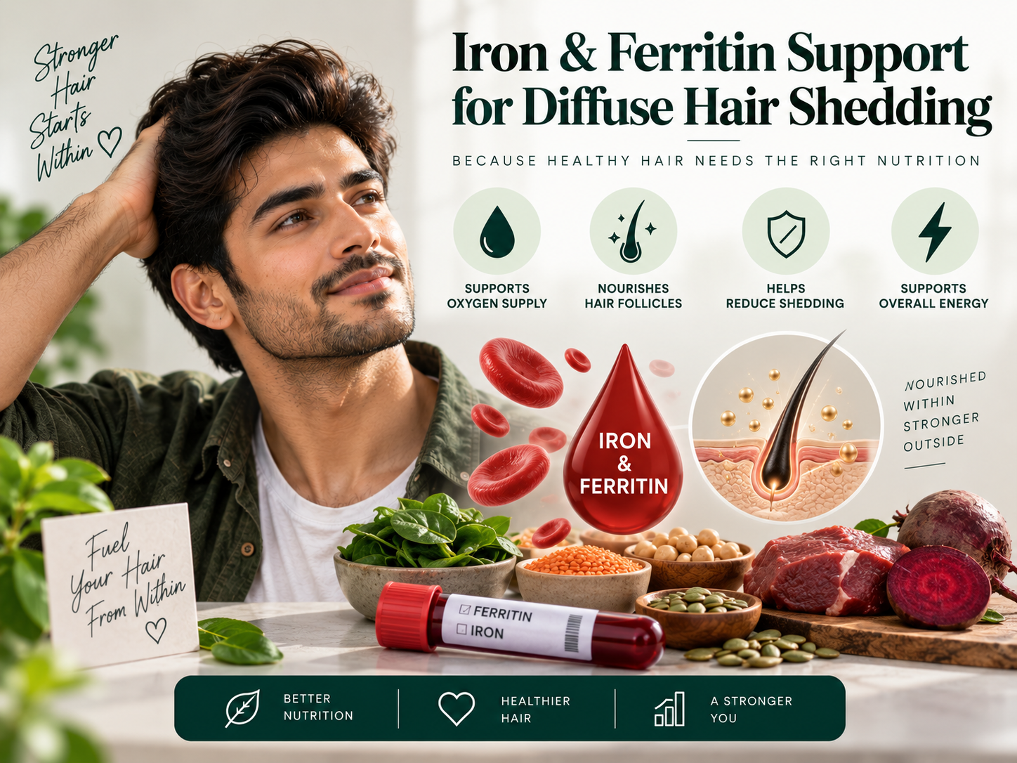 Iron & Ferritin Support for Diffuse Hair Shedding Informative visual featuring a male model, iron and ferritin markers, red blood cells, hair follicles, and iron-rich foods in relation to diffuse hair shedding and nutritional support.
