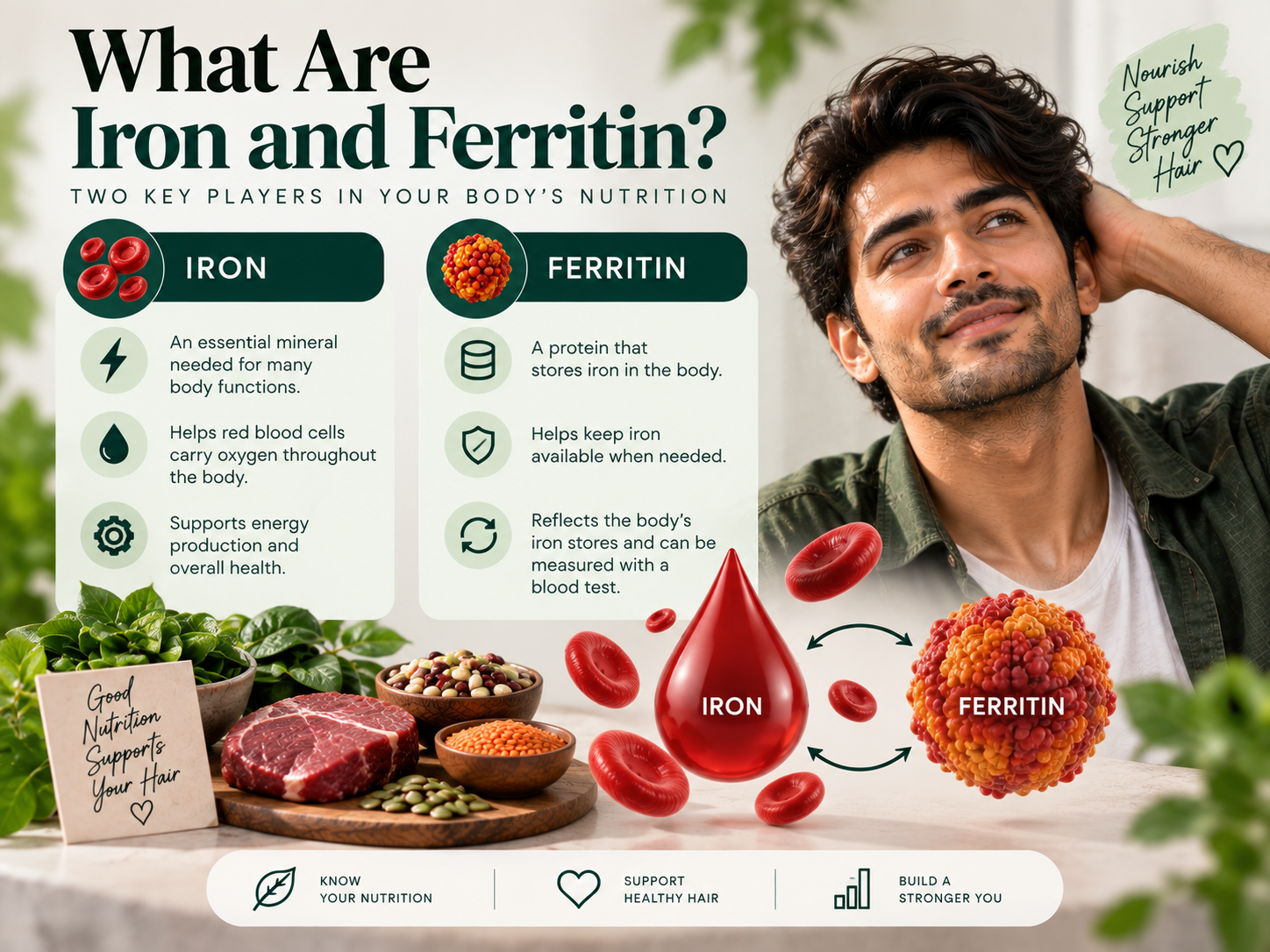 What Are Iron and Ferritin? Educational visual explaining iron and ferritin, featuring a male model, red blood cells, iron-rich foods, and illustrations representing the body's iron storage.