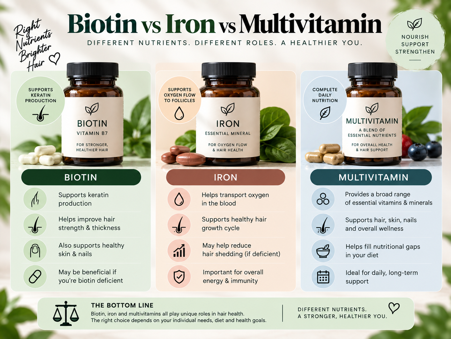 Biotin vs iron vs multivitamin comparison for hair nutrition and support.