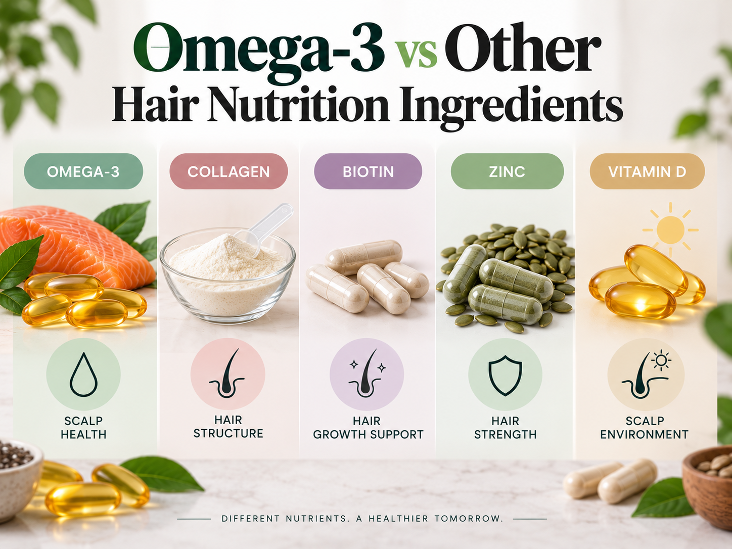 Omega-3 vs Other Hair Nutrition Ingredients Minimal comparison visual showing Omega-3, collagen, biotin, zinc, and vitamin D with simple hair nutrition labels.