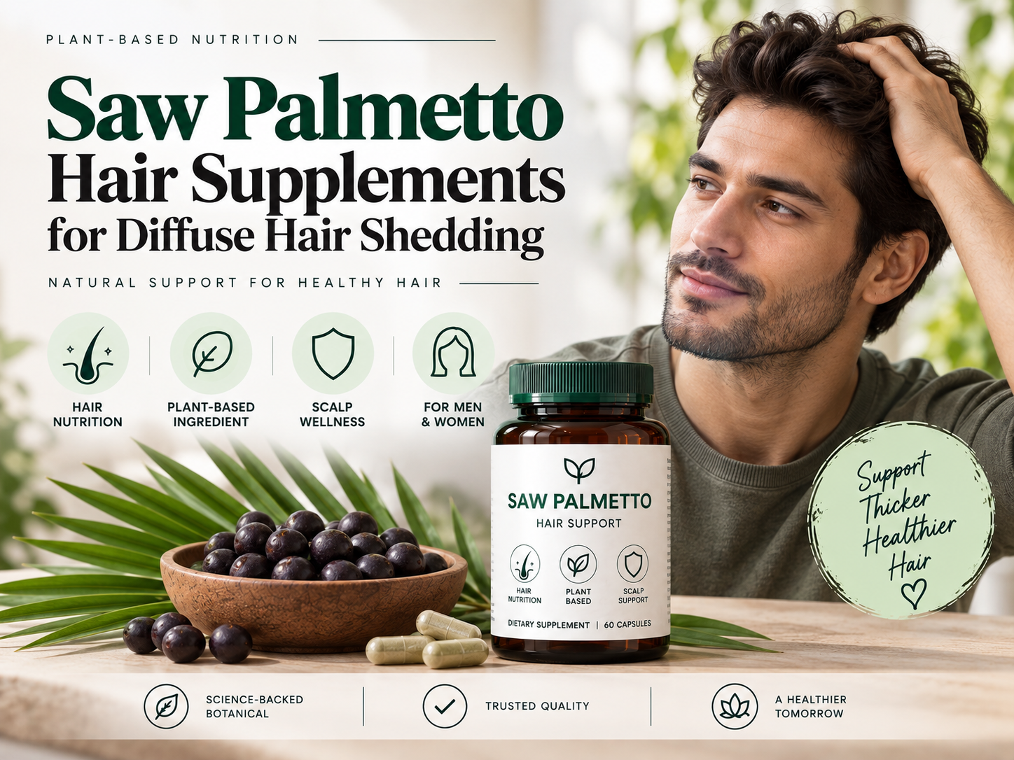Saw Palmetto Hair Supplements for Diffuse Hair Shedding Saw palmetto supplement bottle with saw palmetto berries and male model, representing botanical support for hair and scalp wellness.