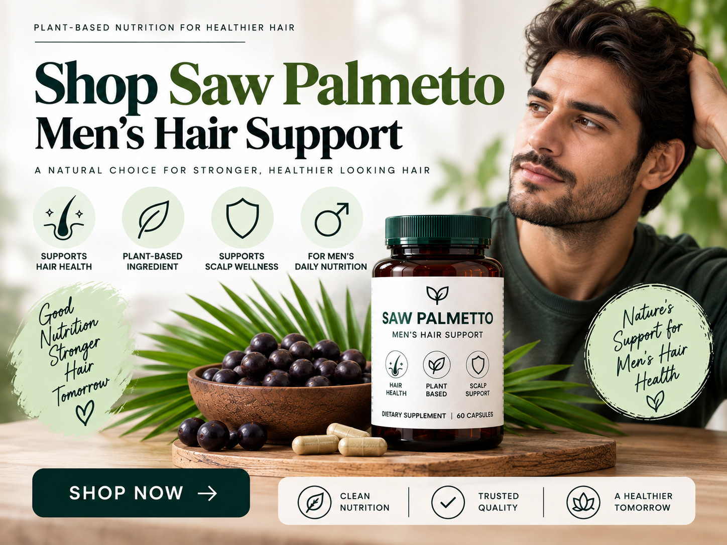 Shop Saw Palmetto Men's Hair Support Saw palmetto men's hair supplement bottle with berries, botanical leaves, and male model representing men's hair and scalp support.