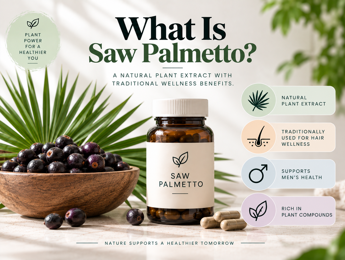 What Is Saw Palmetto? What is saw palmetto? Saw palmetto berries and supplement bottle highlighting its natural plant origin and traditional hair wellness use.