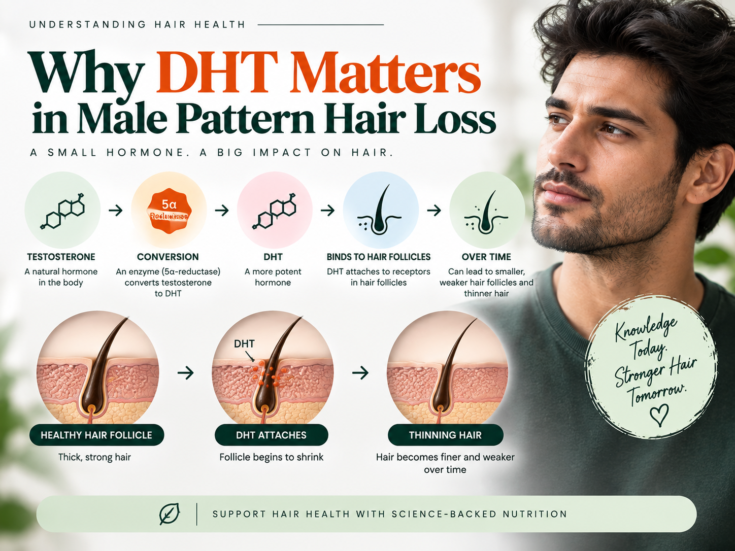 Why DHT Matters in Male Pattern Hair Loss Educational infographic showing how testosterone is converted to DHT and how DHT can affect hair follicles in male pattern hair loss.
