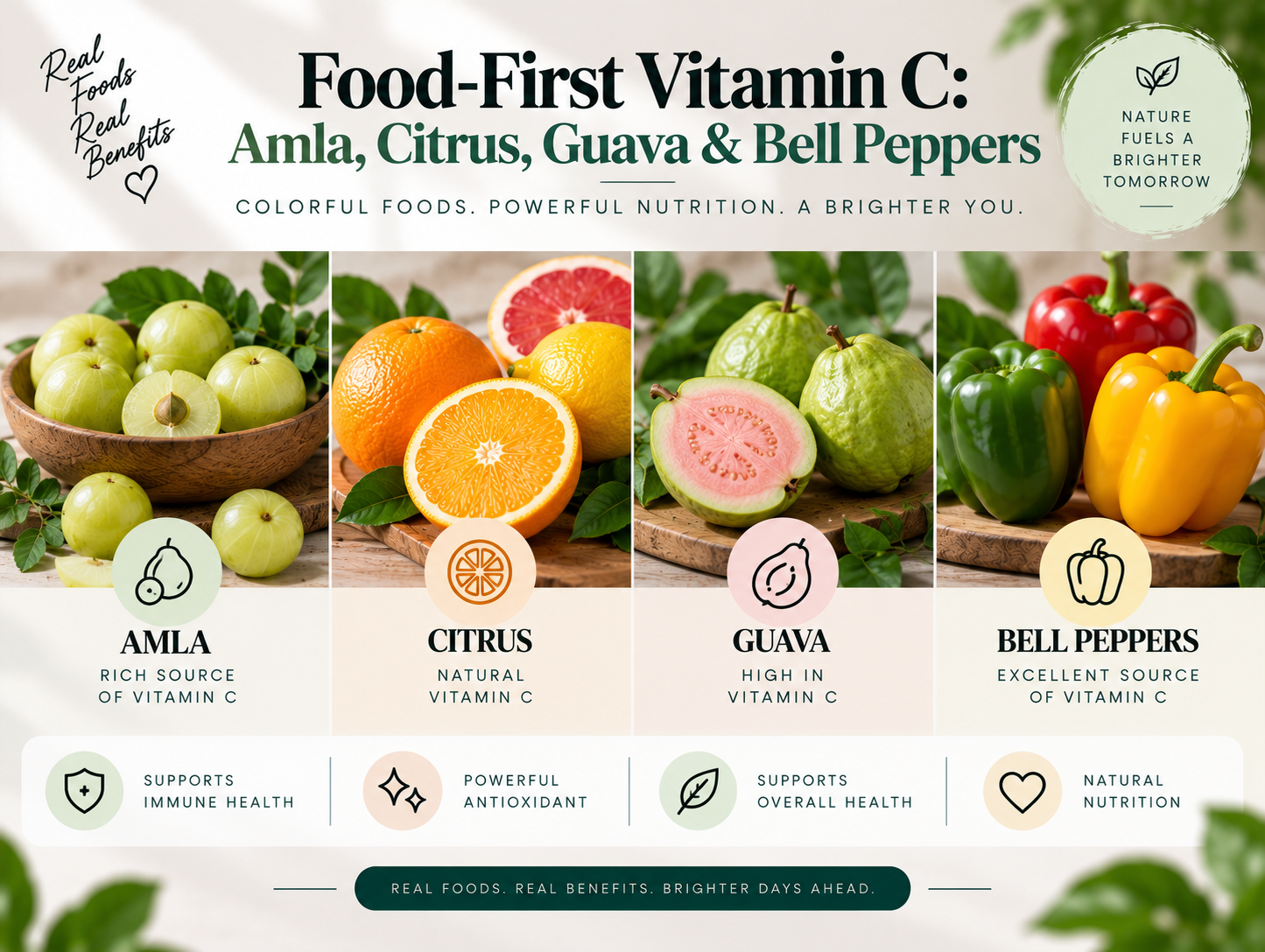 Food-First Vitamin C: Amla, Citrus, Guava & Bell Peppers Food-first vitamin C sources including amla, citrus fruits, guava, and bell peppers.