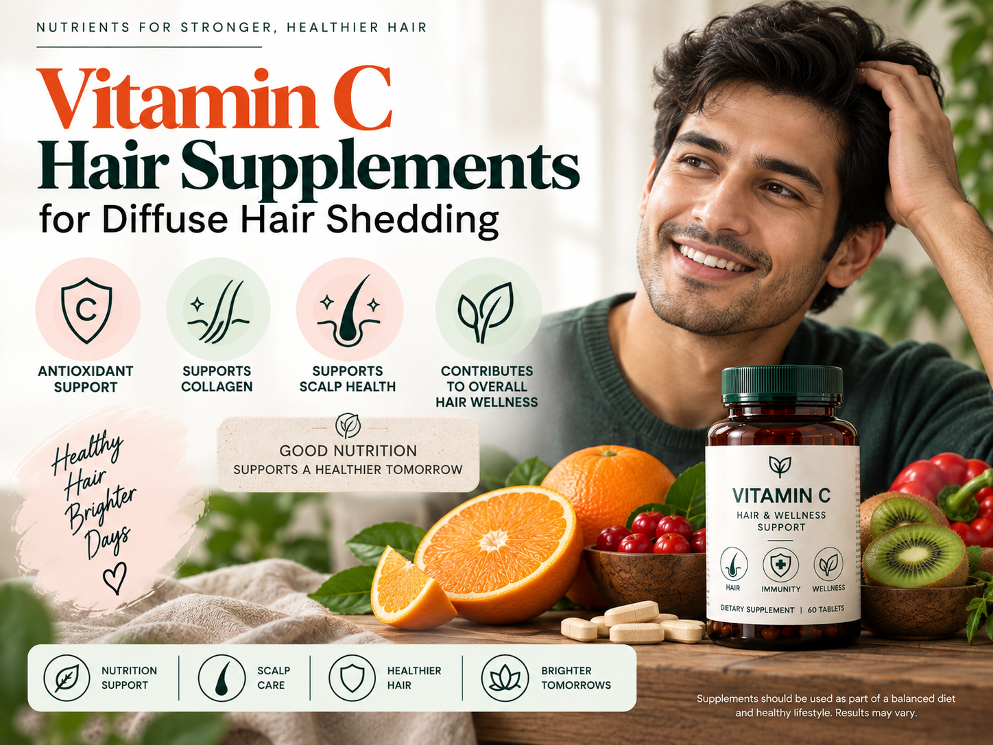 Vitamin C Hair Supplements for Diffuse Hair Shedding Male model with Vitamin C supplement bottle, citrus fruits, and hair wellness imagery representing nutritional support for diffuse hair shedding.