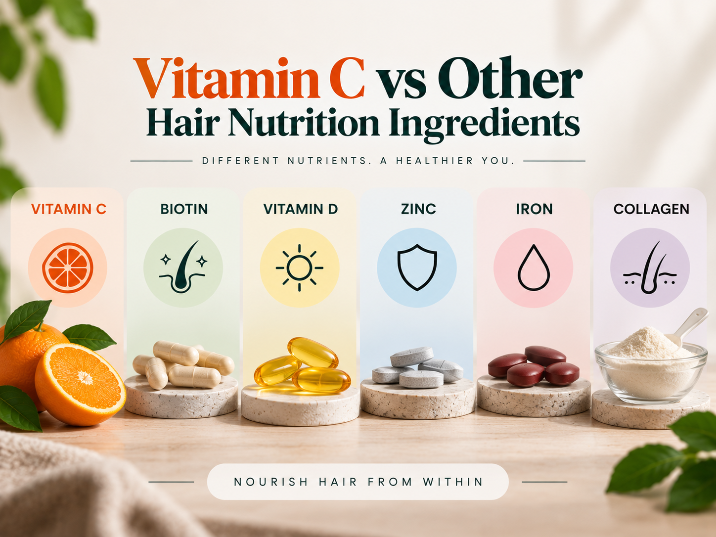 Vitamin C vs Other Hair Nutrition Ingredients Minimal comparison infographic showing Vitamin C, biotin, vitamin D, zinc, iron, and collagen as different hair nutrition ingredients.