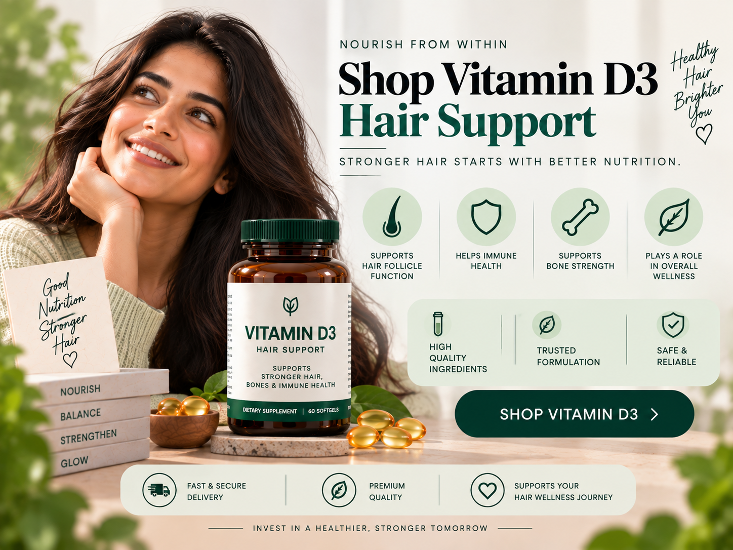 Shop Vitamin D3 Hair Support Female model alongside a Vitamin D3 hair support supplement bottle, softgels, and natural wellness elements in a clean e-commerce setting.