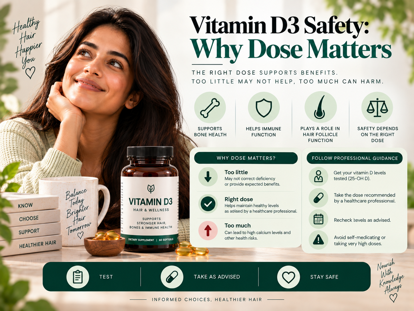 Vitamin D3 Safety: Why Dose Matters Female model featured alongside a Vitamin D3 supplement bottle and safety icons highlighting appropriate dosing, testing, and professional guidance.