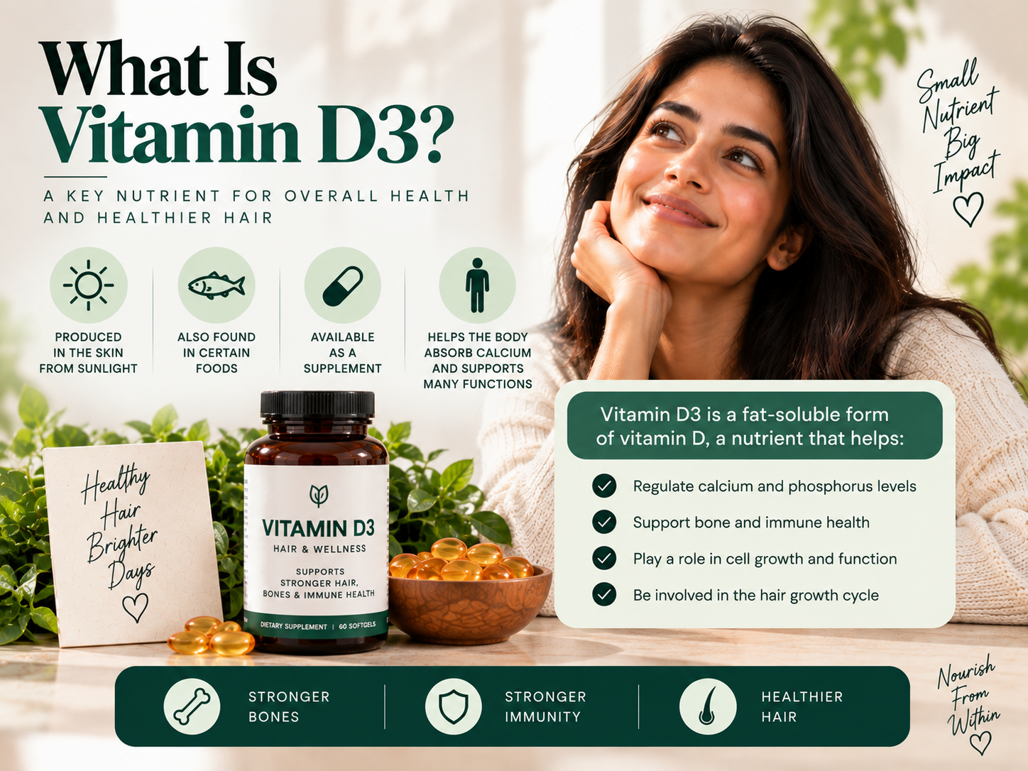 What Is Vitamin D3? Educational visual explaining Vitamin D3 with sunlight, food sources, and supplements, alongside illustrations representing bone, immune, and hair wellness.