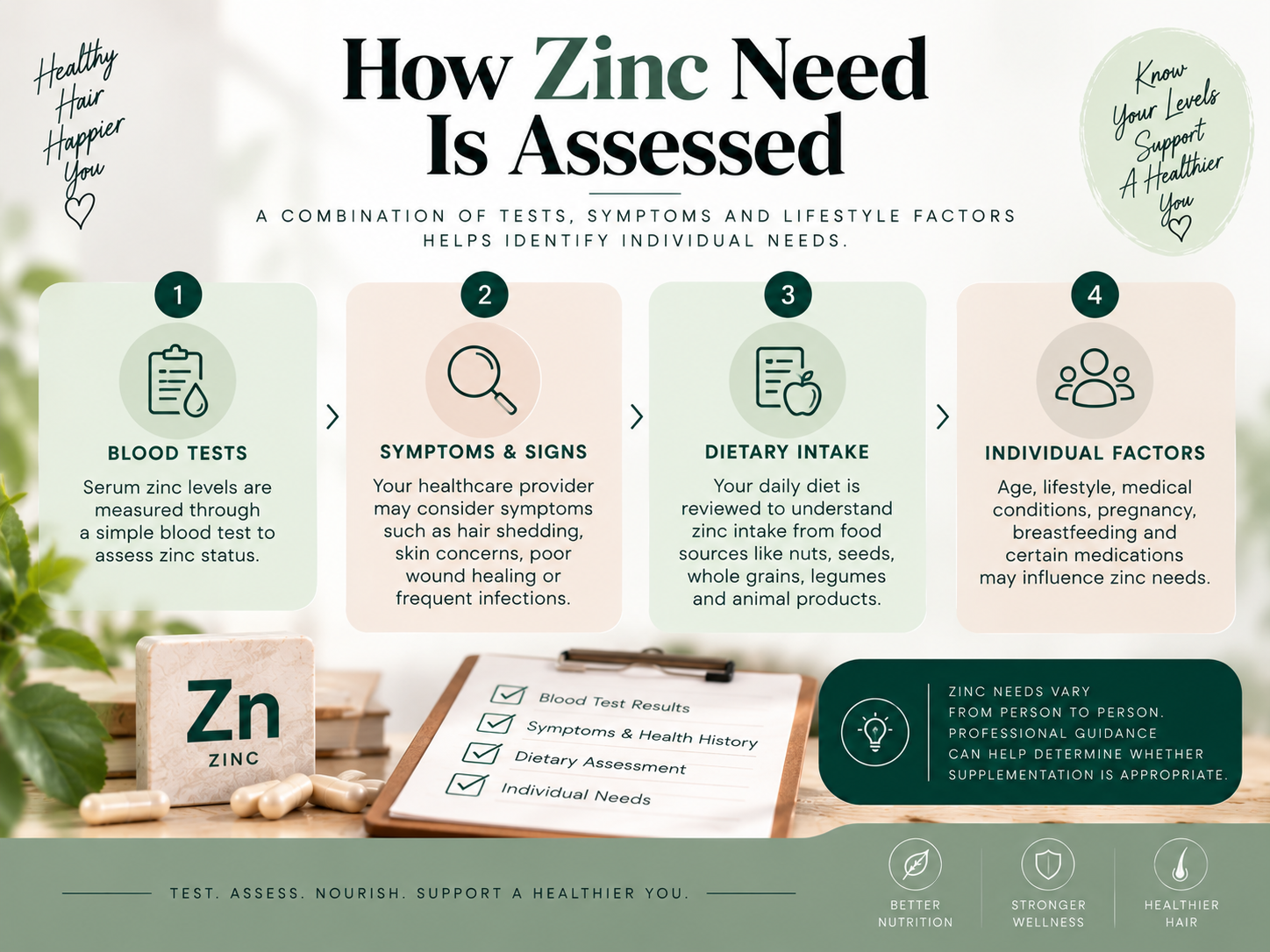 How Zinc Need Is Assessed Educational infographic illustrating how zinc needs may be assessed through blood tests, symptoms, dietary intake, and individual factors.