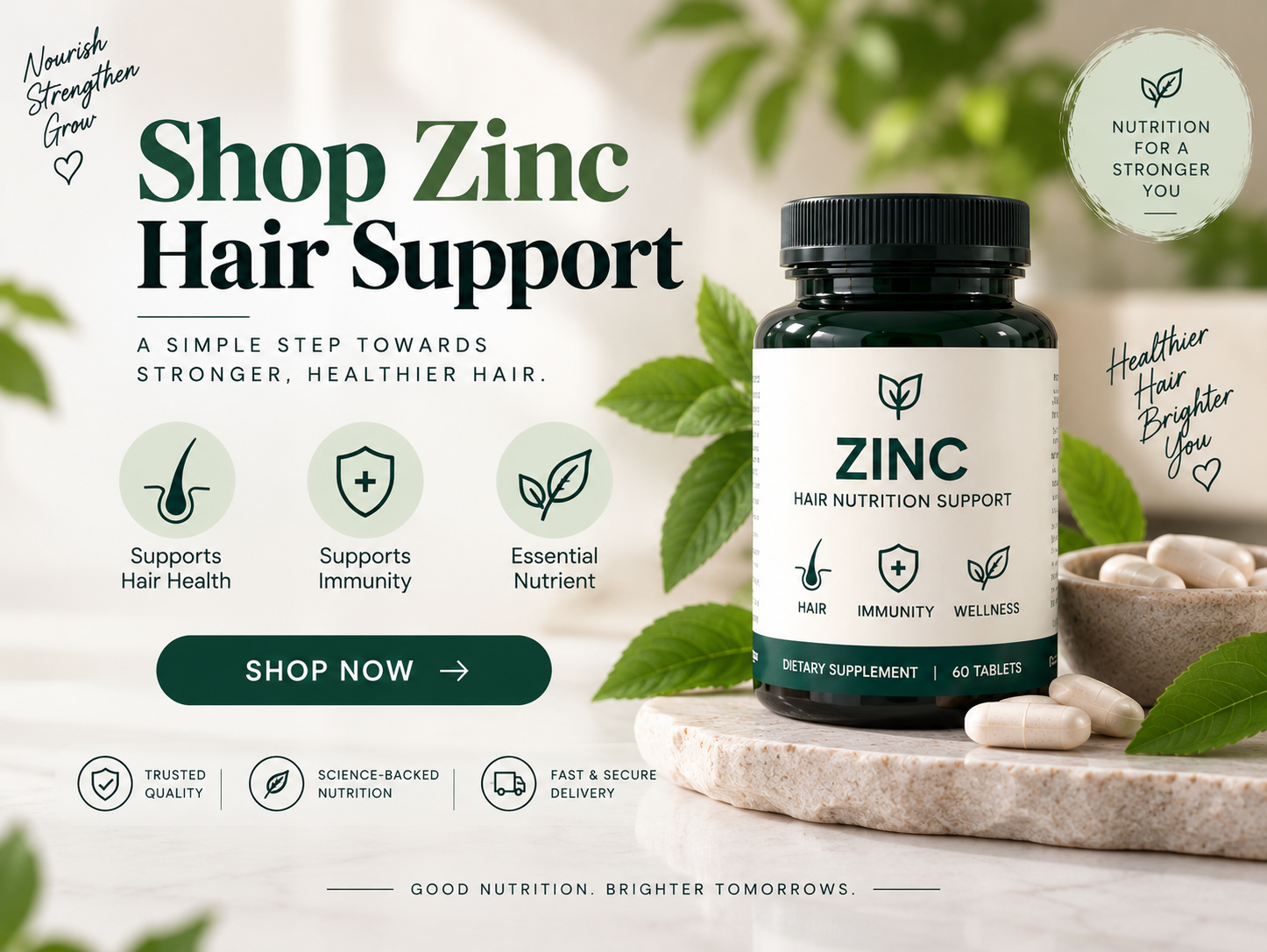 Shop Zinc Hair Support Zinc hair support supplement bottle with capsules and natural botanical ingredients.