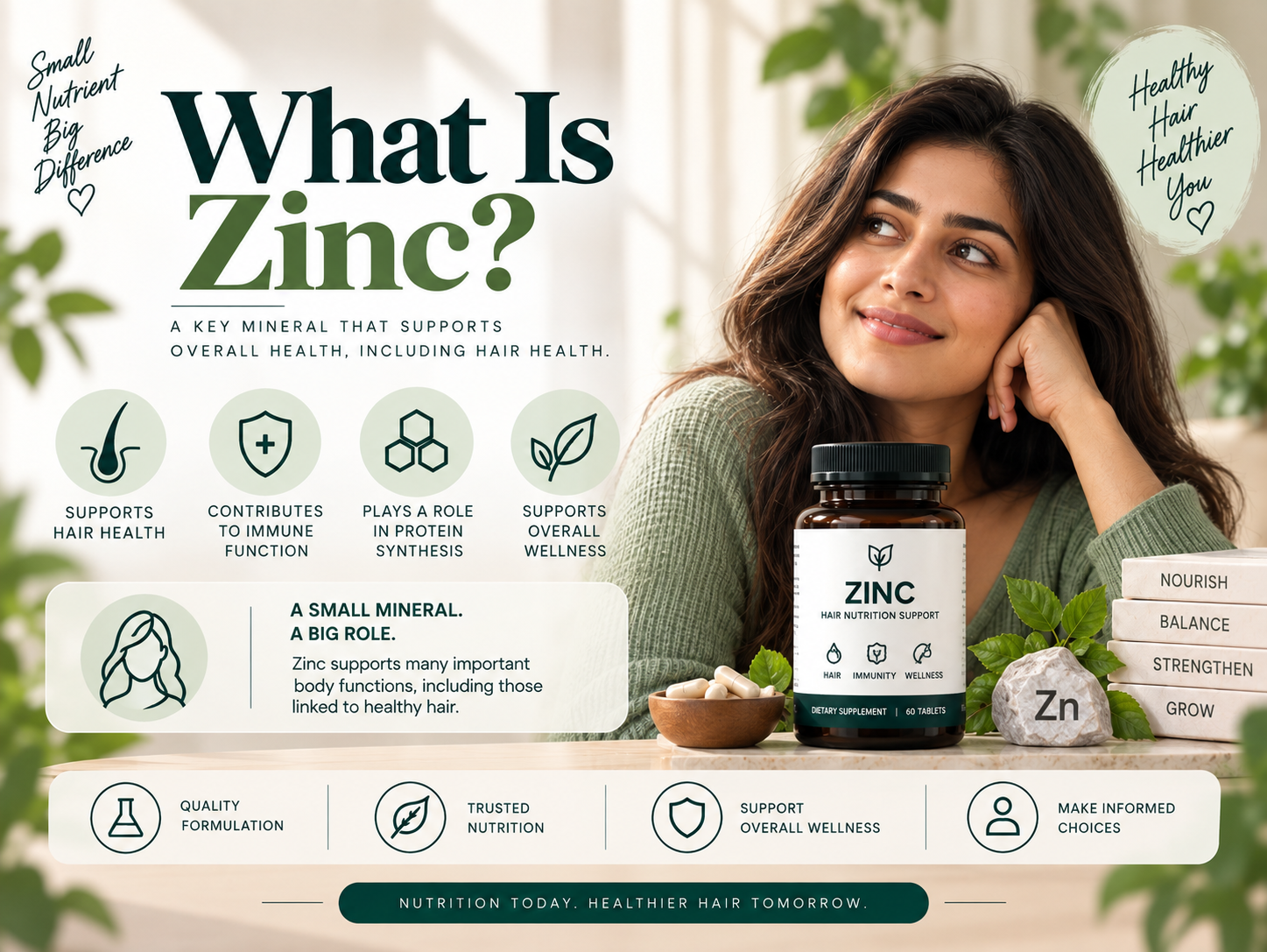 What Is Zinc? Benefits for Hair Health and Wellness What is zinc? A zinc supplement infographic highlighting its role in hair health, immune function, protein synthesis, and overall wellness.