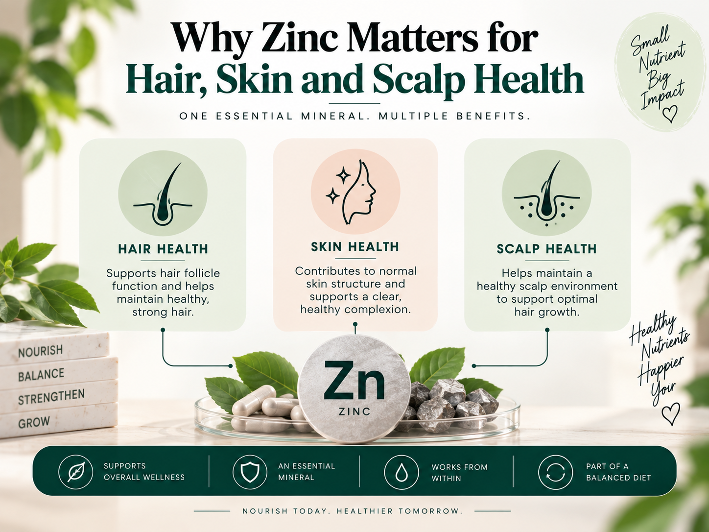 Why Zinc Matters for Hair, Skin and Scalp Health Educational infographic showing zinc's role in supporting hair, skin, and scalp health with hair follicle, skin, scalp, and zinc mineral illustrations.