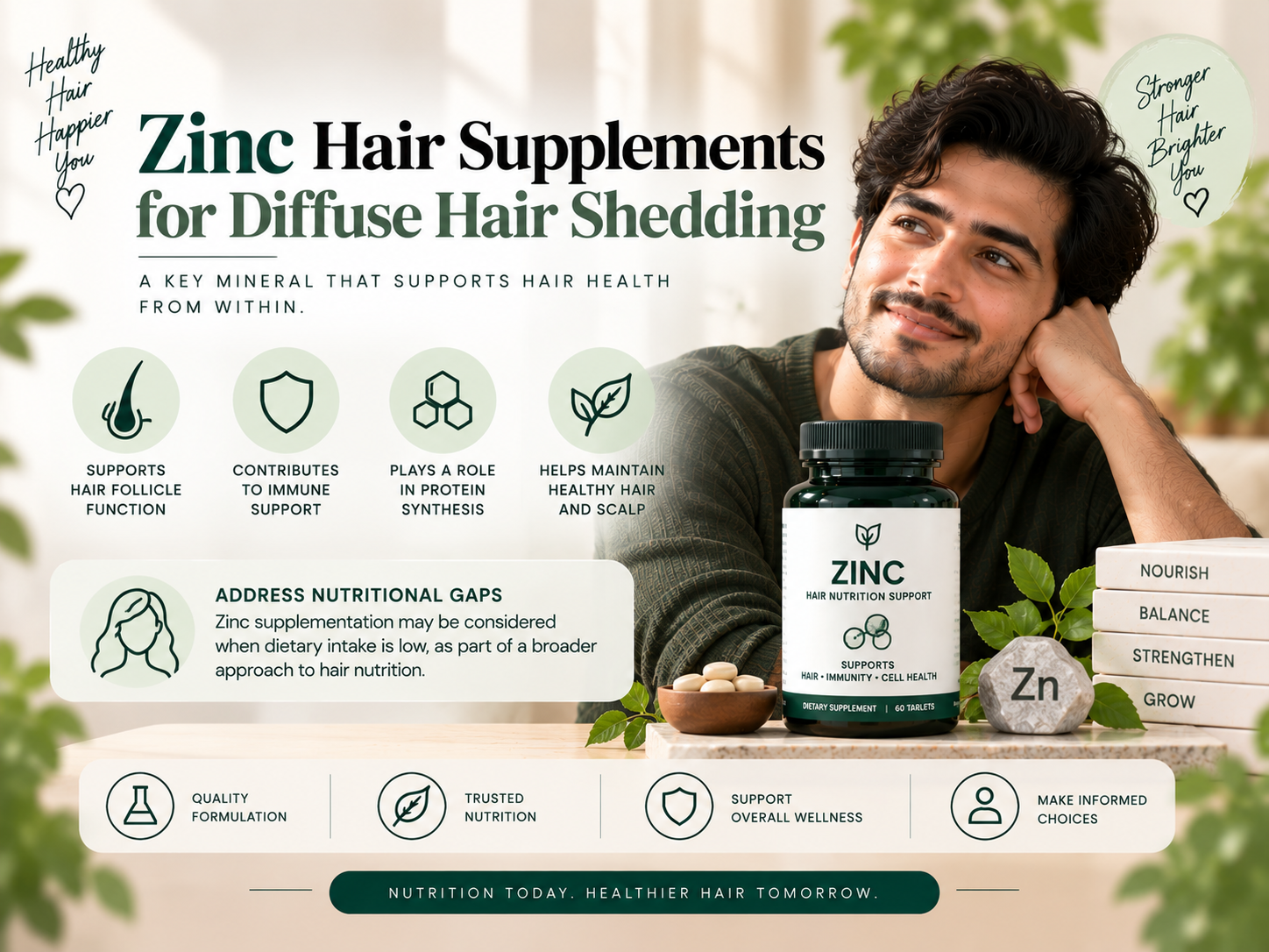 Zinc Hair Supplements for Diffuse Hair Shedding Male model alongside a zinc supplement bottle, tablets, and botanical elements, representing zinc's role in hair nutrition and diffuse hair shedding support.