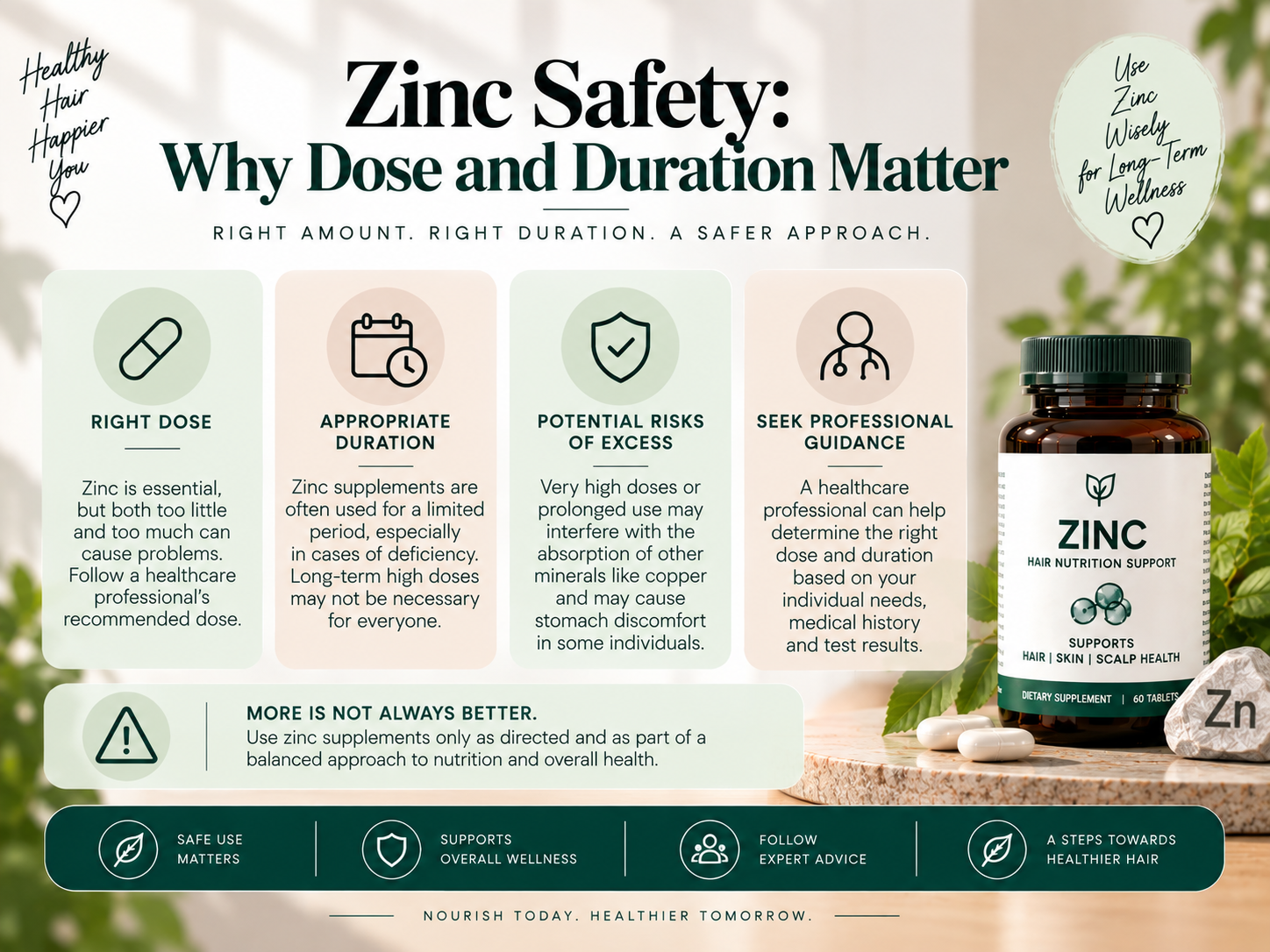 Zinc Safety: Why Dose and Duration Matter Educational visual about zinc supplement safety, showing appropriate dosing, duration of use, potential excess risks, and professional guidance.