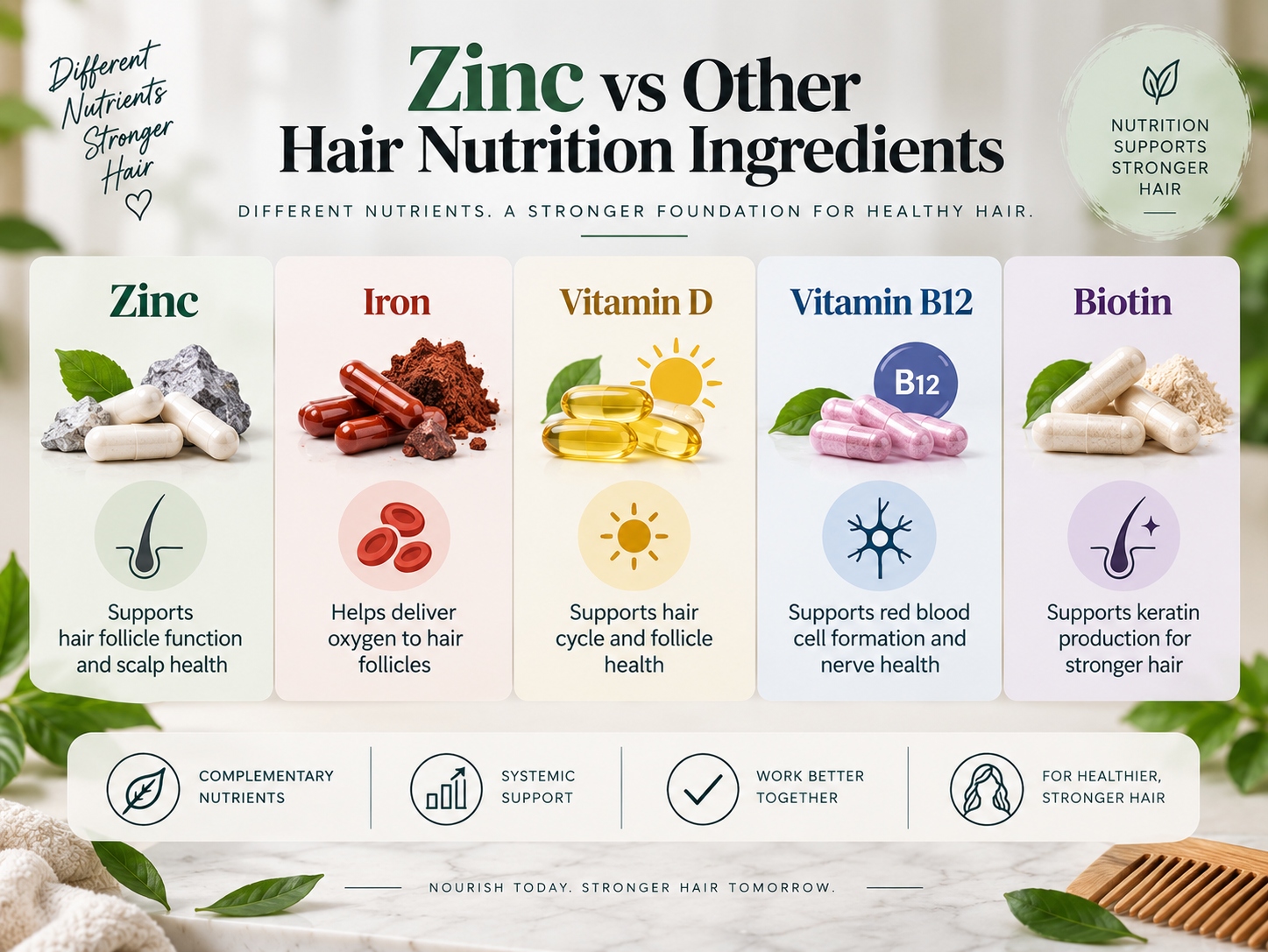 Zinc vs Other Hair Nutrition Ingredients Comparison of zinc, iron, vitamin D, vitamin B12, and biotin for hair nutrition support.