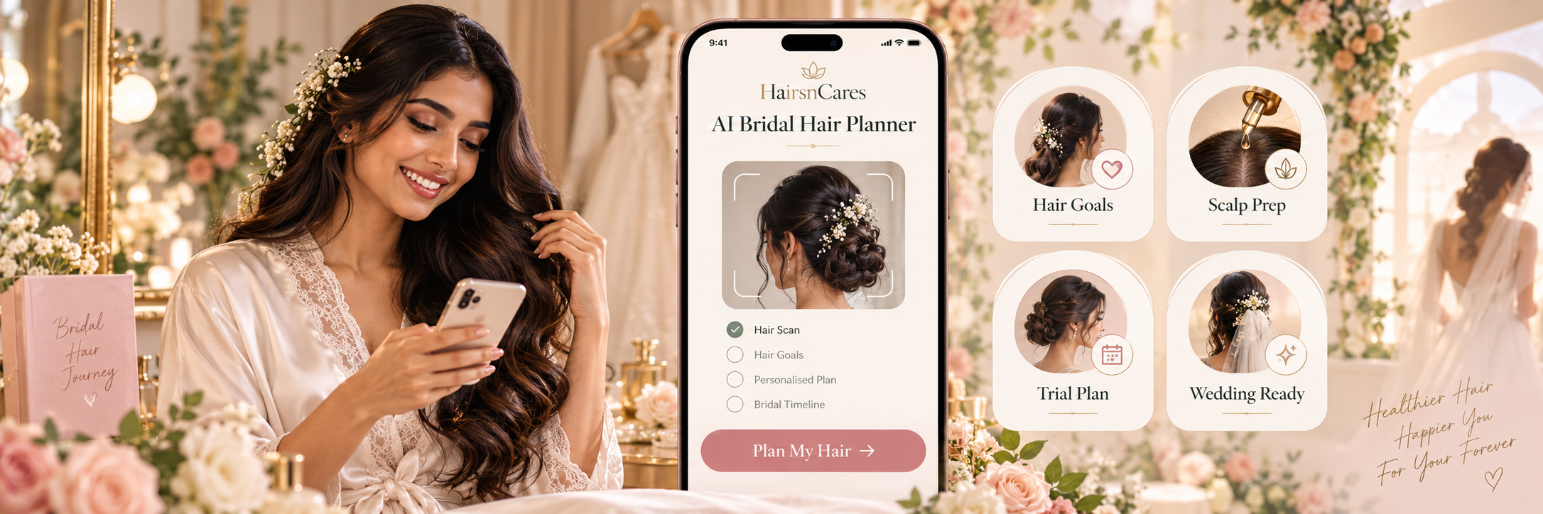 Bride-to-be using the AI bridal hair planner — Hairsncares