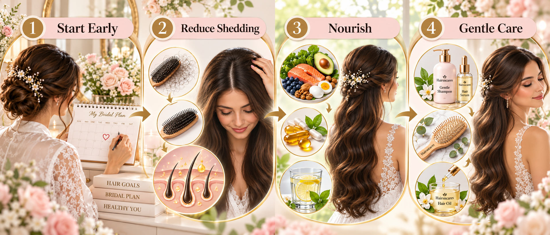 Bridal hair plan explainer showing start early, reduce shedding, nourish and gentle care steps