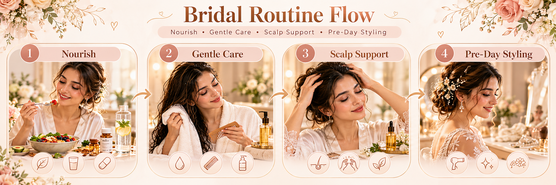 Bridal hair routine showing nourish, gentle care, scalp support and pre-day styling steps