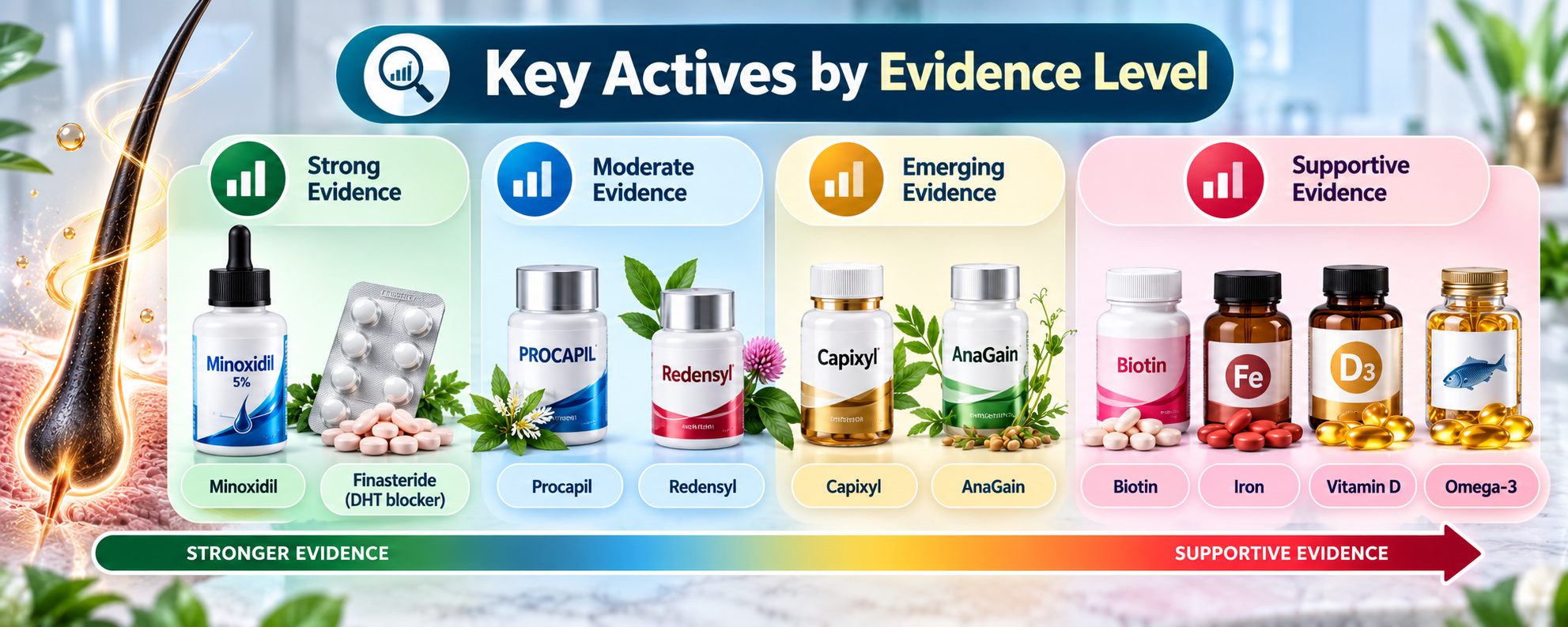 Hair loss key actives by evidence level including nutrition, iron, vitamin D, Procapil, Redensyl and minoxidil
