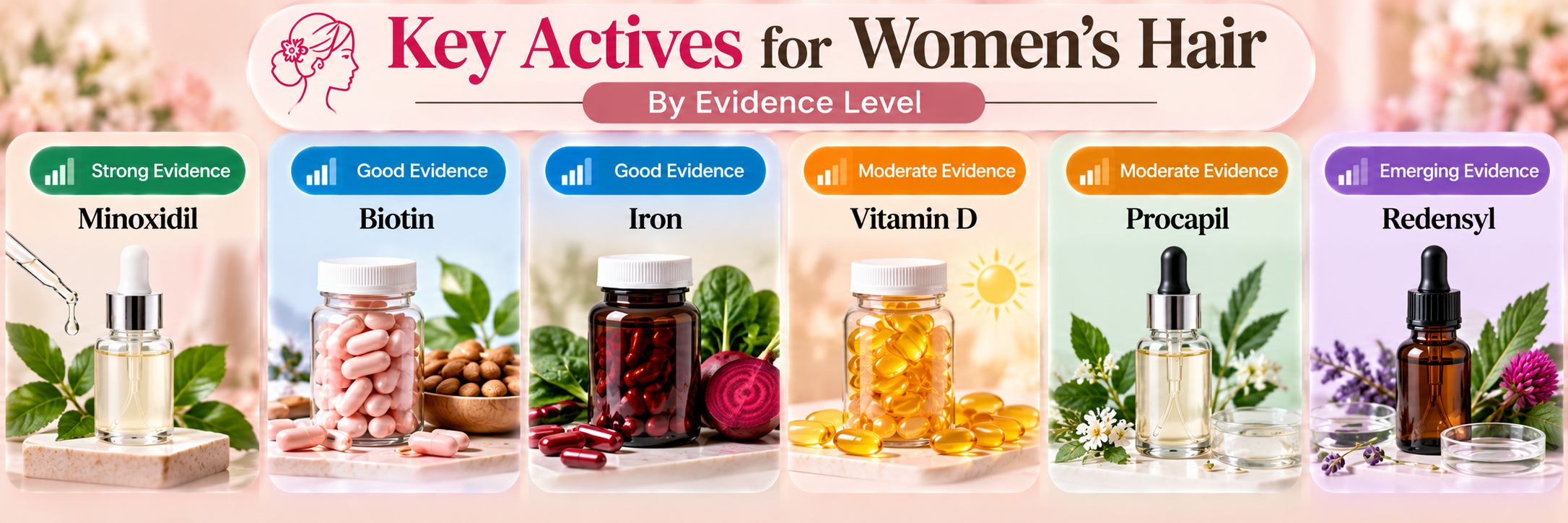 Female hair loss ingredients including Minoxidil, biotin, iron, vitamin D, Procapil and Redensyl with evidence levels