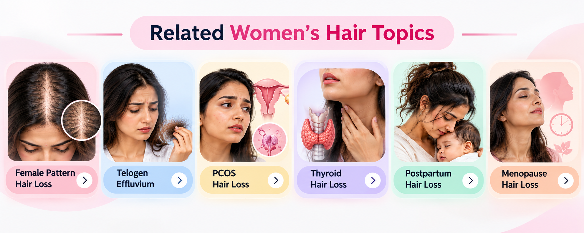 Related women's hair topics including female pattern hair loss, PCOS, postpartum, thyroid and menopause hair loss