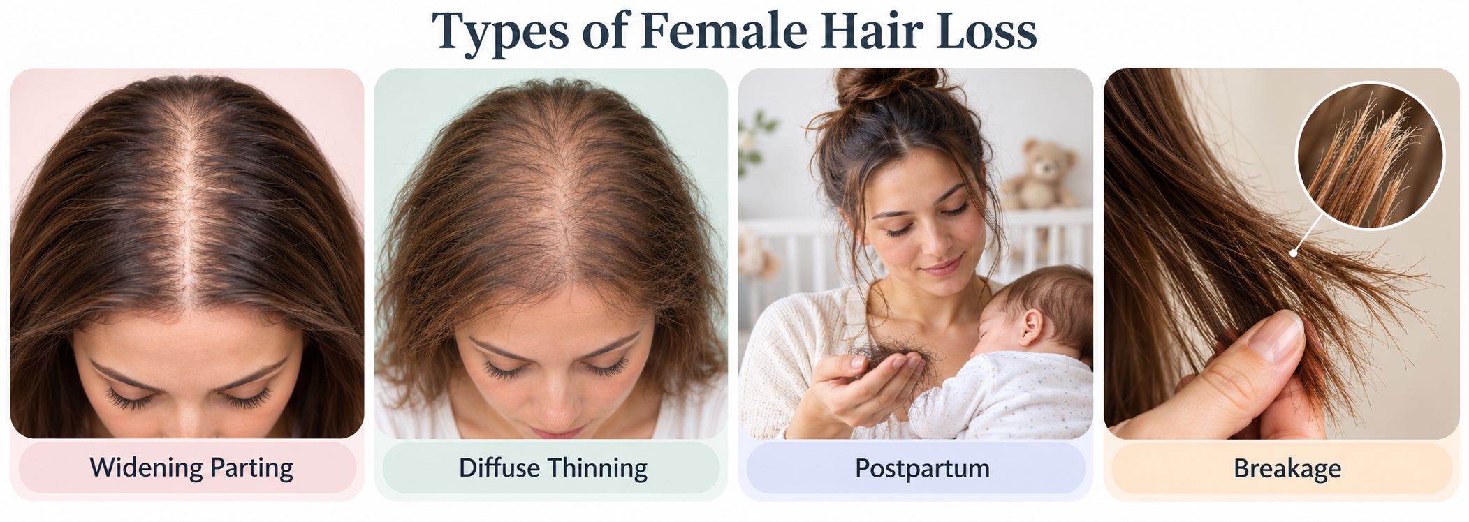 Types of female hair loss including widening parting, diffuse thinning, postpartum shedding and hair breakage