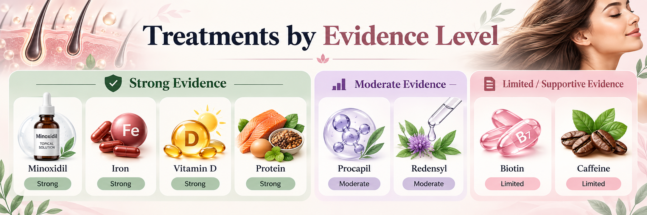 Female hair loss treatments by evidence level including minoxidil, iron, vitamin D, protein, biotin, Procapil, Redensyl and caffeine