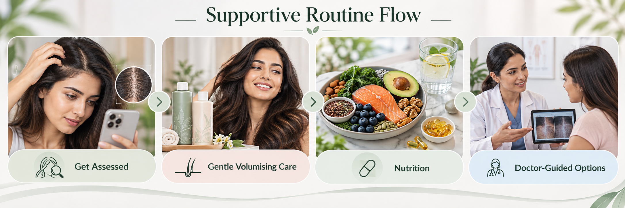 Supportive hair loss routine showing assessment, gentle volumising care, nutrition and doctor-guided options