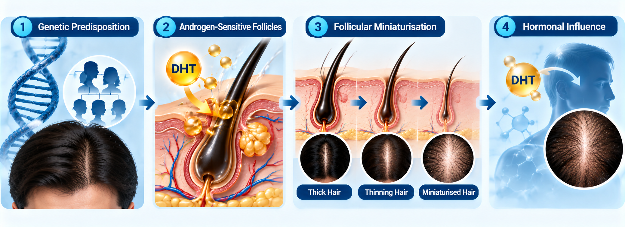 Pattern hair loss mechanism showing genetic predisposition, DHT-sensitive follicles, follicle miniaturisation and hormonal influence