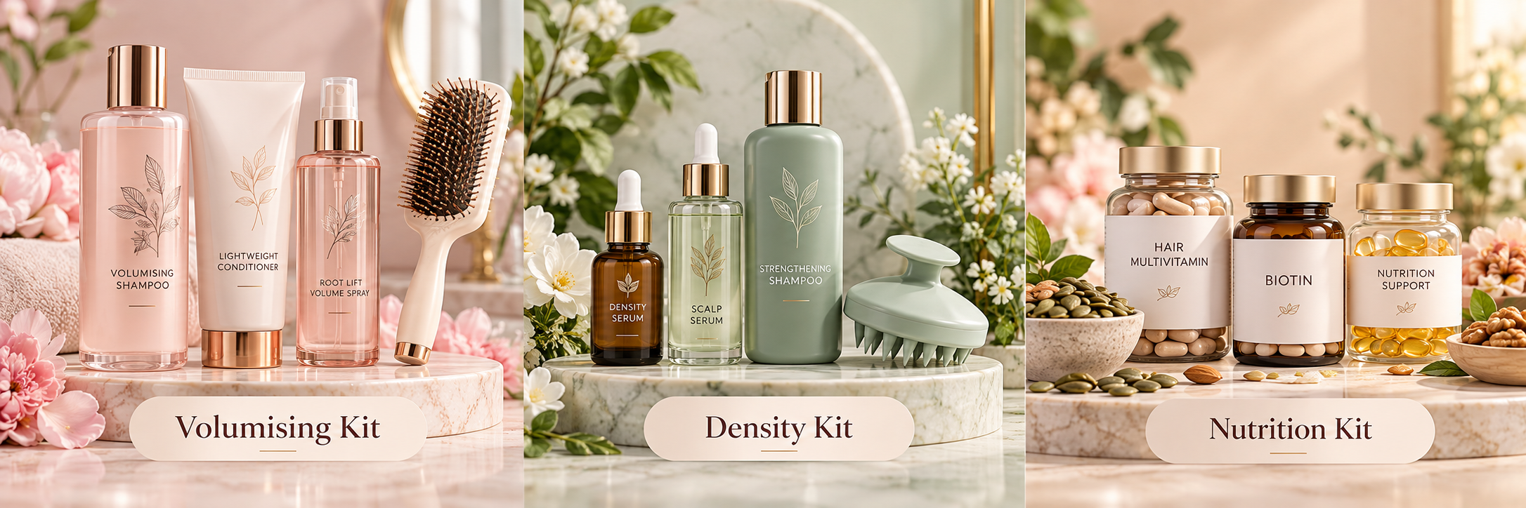 Supportive women's hair kits including volumising, density and nutrition products