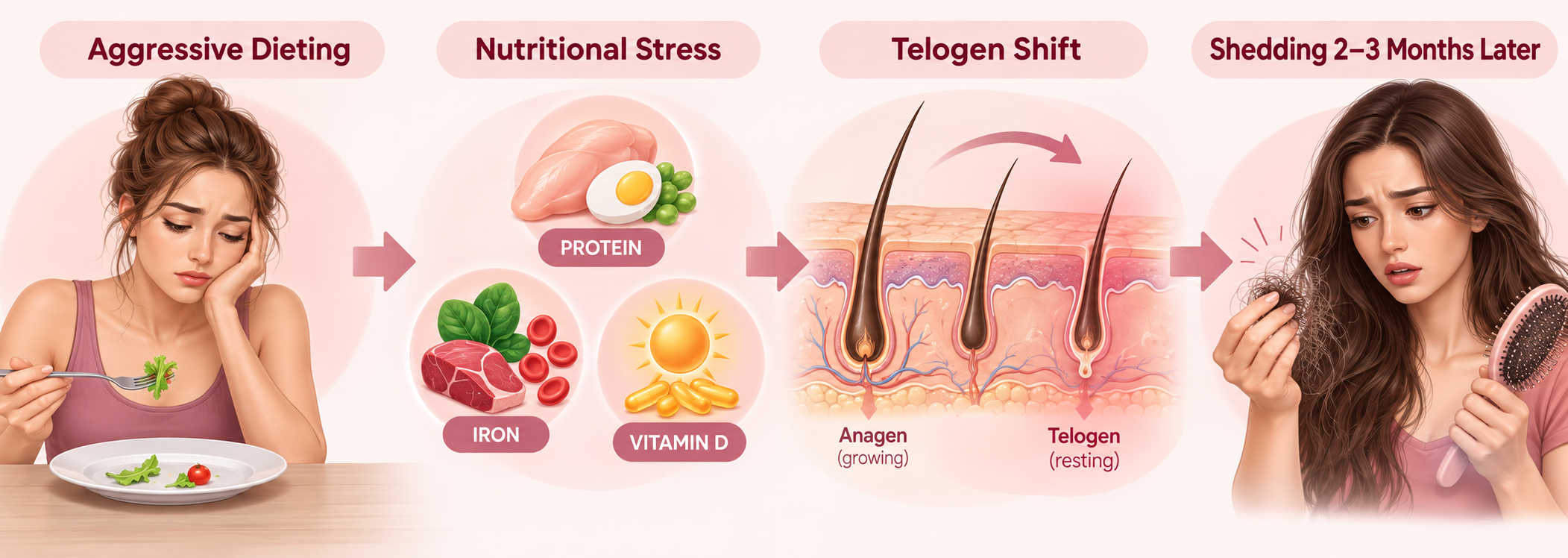Nutritional stress from aggressive dieting can trigger telogen effluvium and hair shedding 2–3 months later