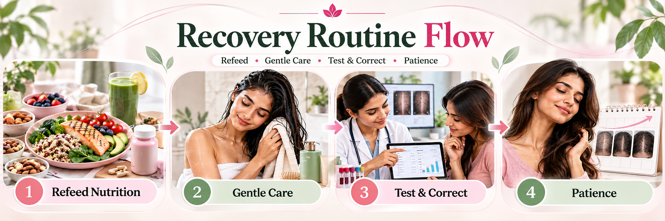 Hair fall recovery routine showing refeed nutrition, gentle care, test and correct, and patience