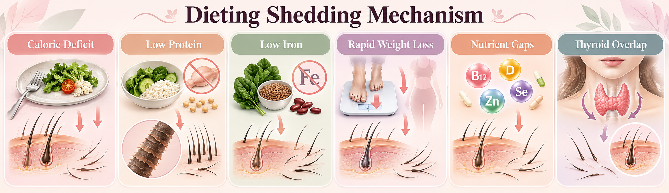 Dieting hair shedding mechanism showing calorie deficit, low protein, low iron, rapid weight loss, nutrient gaps and thyroid overlap